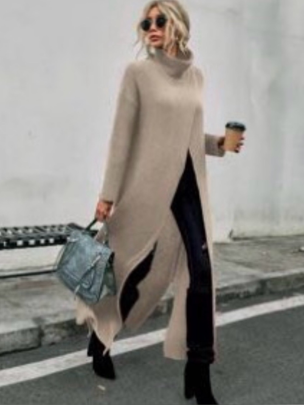 Open long split knit cream turtleneck Cardigan